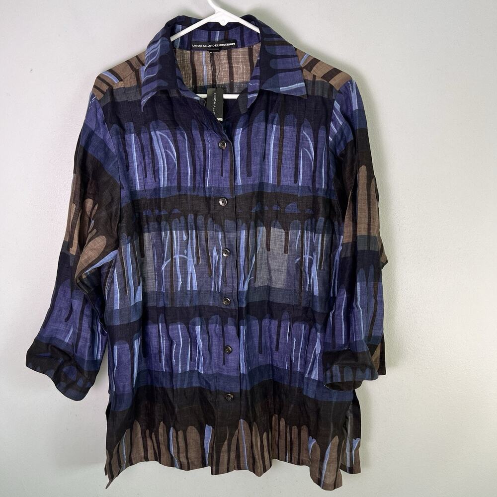 NWT Ellen Tracy Women's Gauzy Linen Button Up Shirt Blue Brown Sz 8 Resort Boho